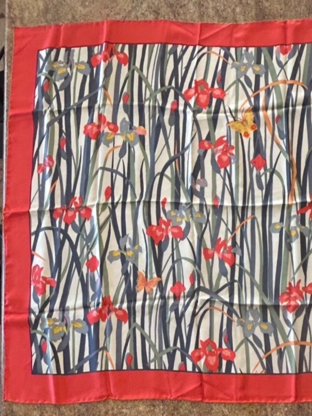 Vintage Liberty of London Red Border Iris Design Silk Scarf Made in England